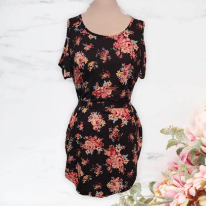 Floral Contrast Cold Shoulder Dress